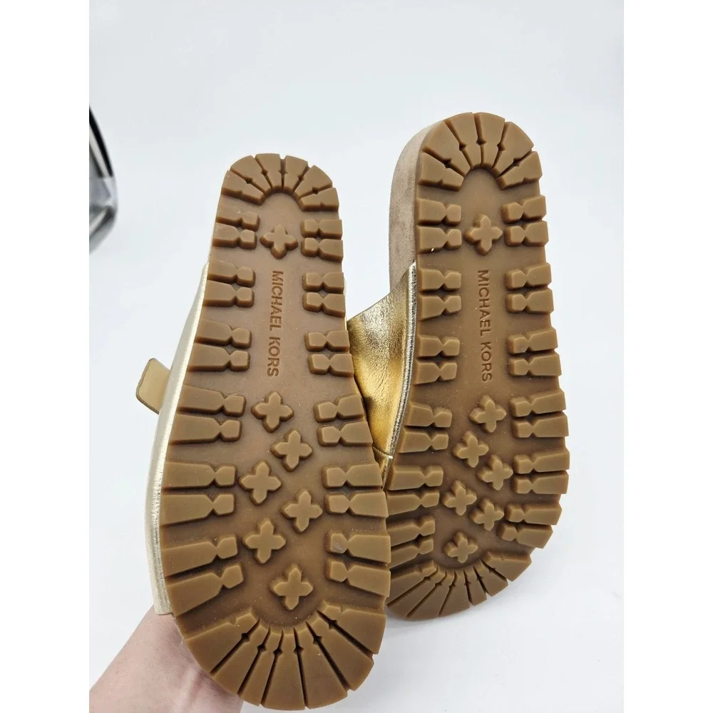 Michael Kors Gold Two Strap Slide Sandals Womens Size 6.5 M Comfort Footbed
